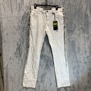 Ron Tomson Men's Jeans White Black Paint Splatter 34 x 34 Slim Fit Low Rise